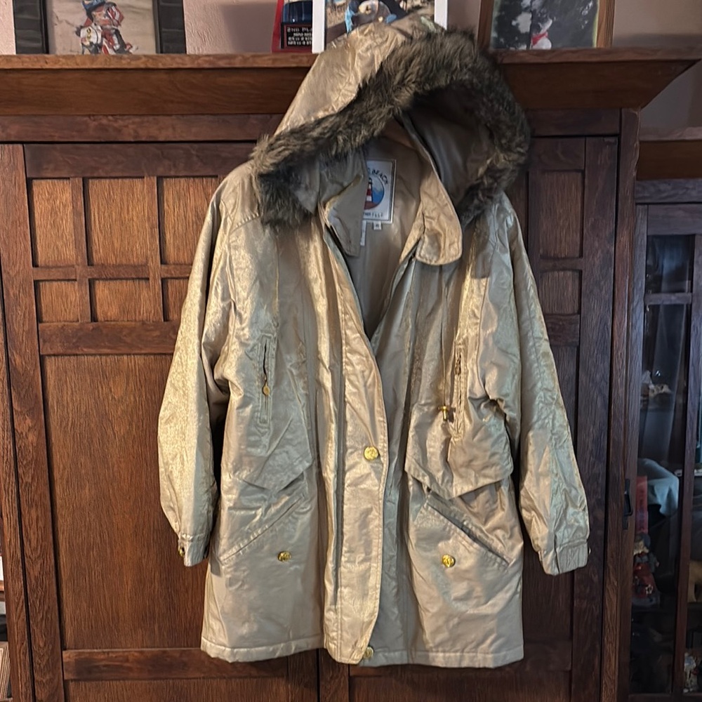 Gold Hooded Parka with Faux Fur Trim